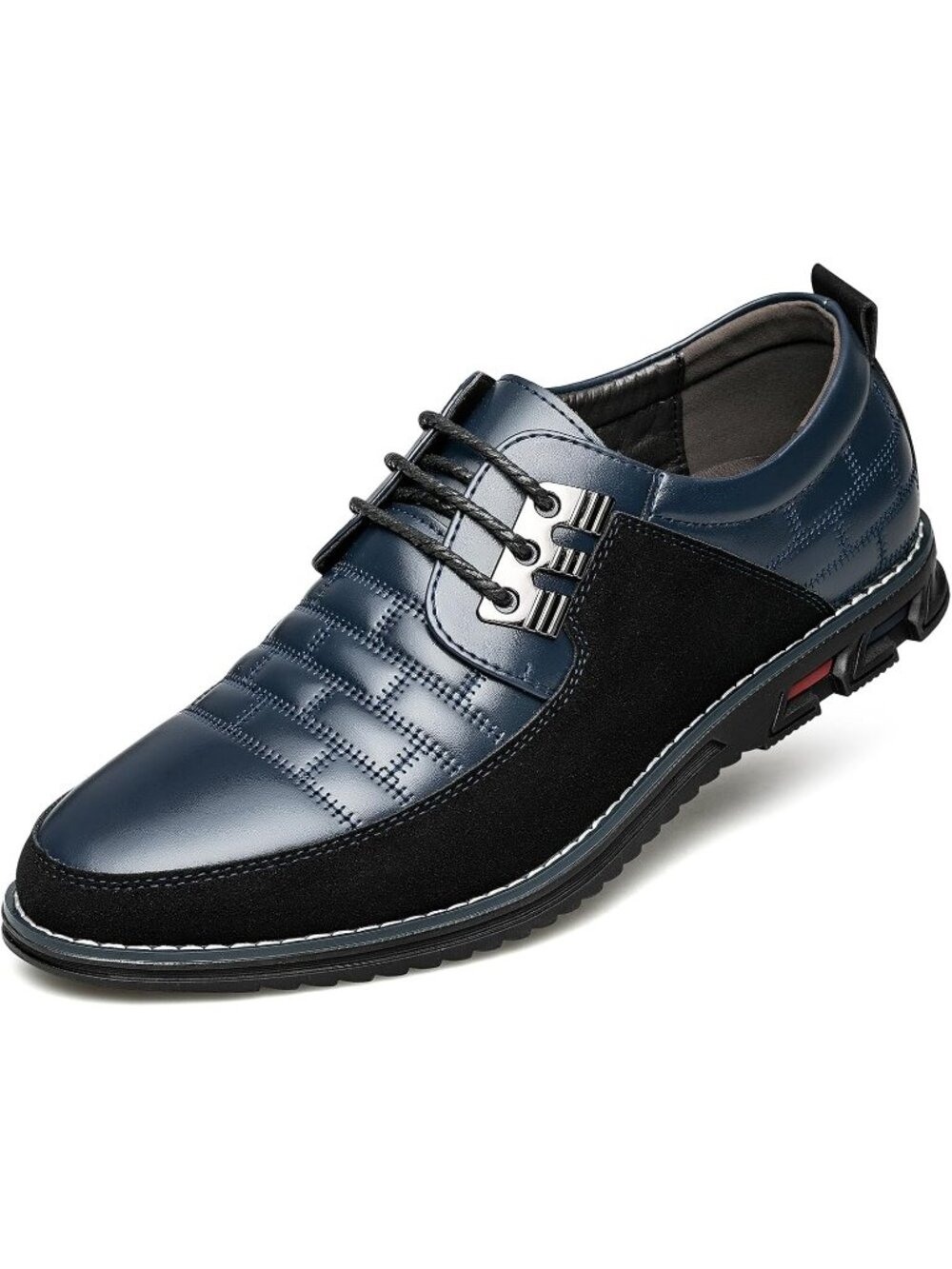 Men's Blue Plaid Embossed Grid Leather Comfortable Hybrid Oxford Dress Sneakers